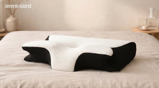 Serene Island pillow two-sided design in a calm bedroom setting