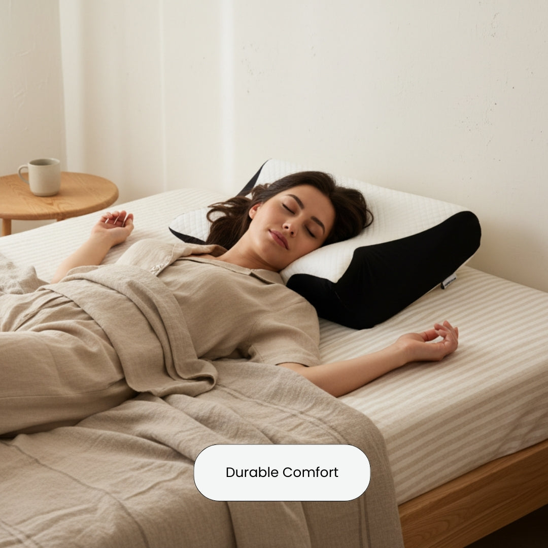 Woman lying on a bed with on an ergonomic cervical neck pillow from serene island
