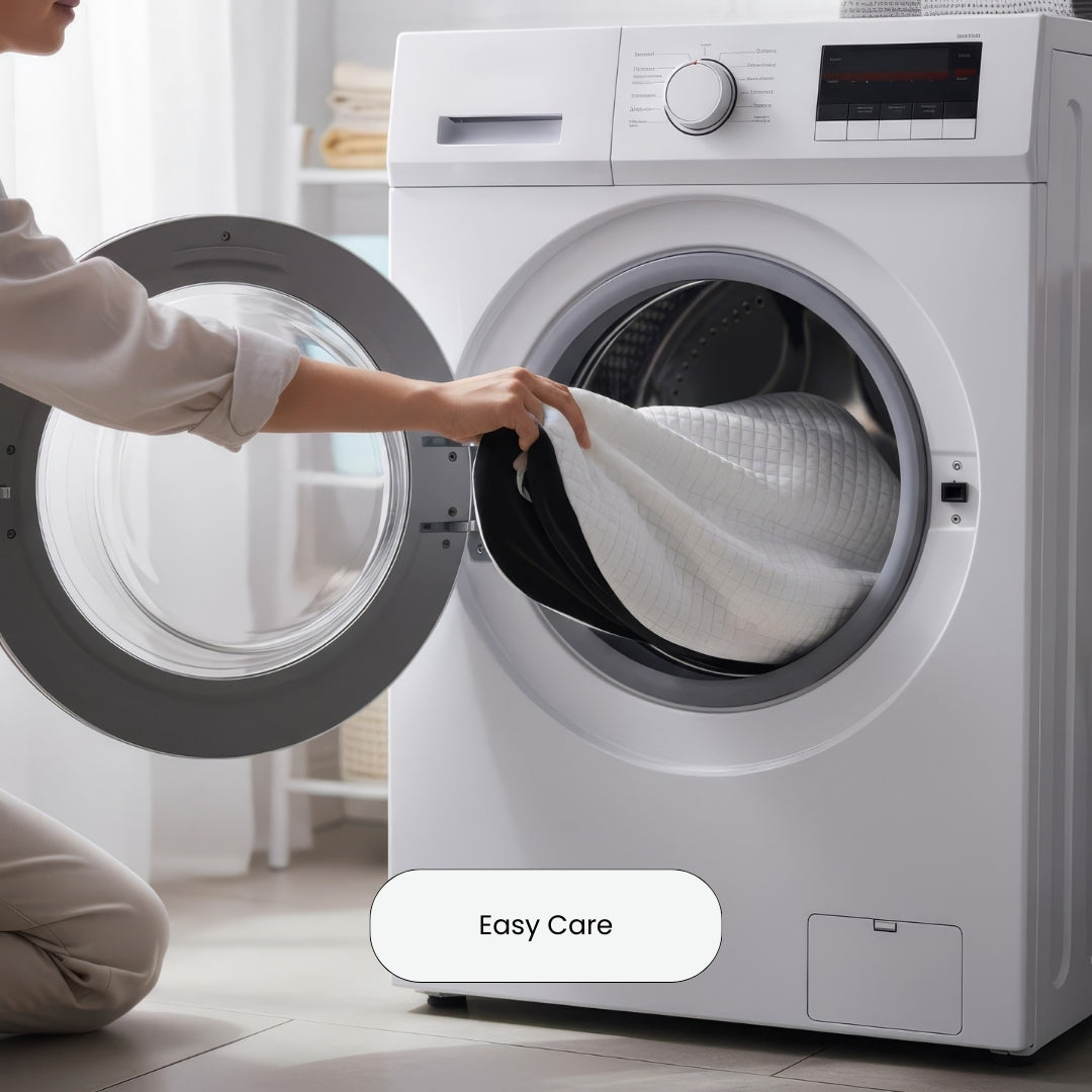 Person loading cervical neck pillowcase into a white washing machine with 'Easy Care' label